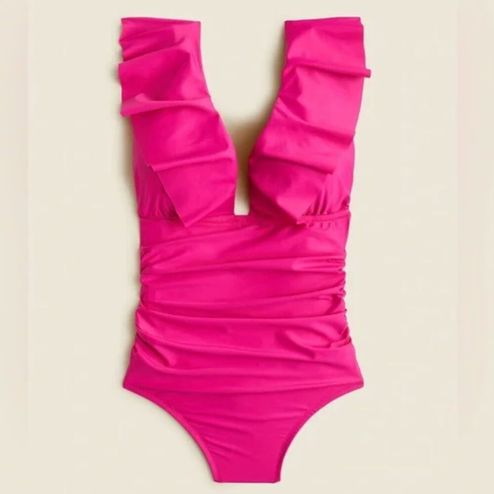 J. Crew Ruched Ruffle One Piece Swimsuit Women's 20 Radiant Fushcia V Neck Beach